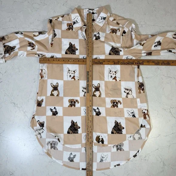 Jane and Delancey Dog Print Button Up Shirt Womens Frenchie Poodle Corgy Med Art - Picture 13 of 16